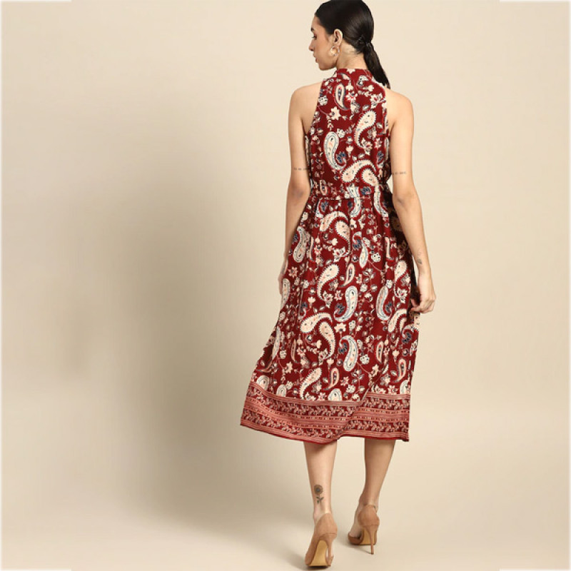 Maroon & Beige Ethnic Motifs Halter Neck A-Line Maxi Dress