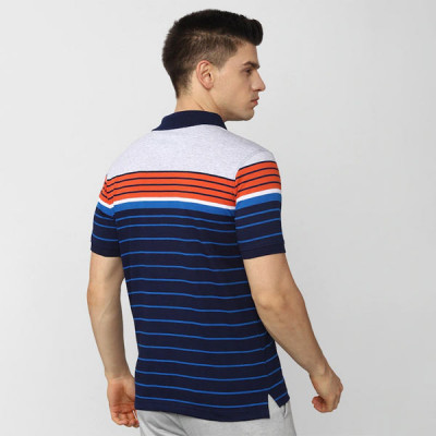 "Men Navy Blue Striped Polo Collar Applique T-shirt "